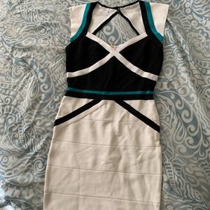 Bebe bodycon dress black/white/turquoise size xs